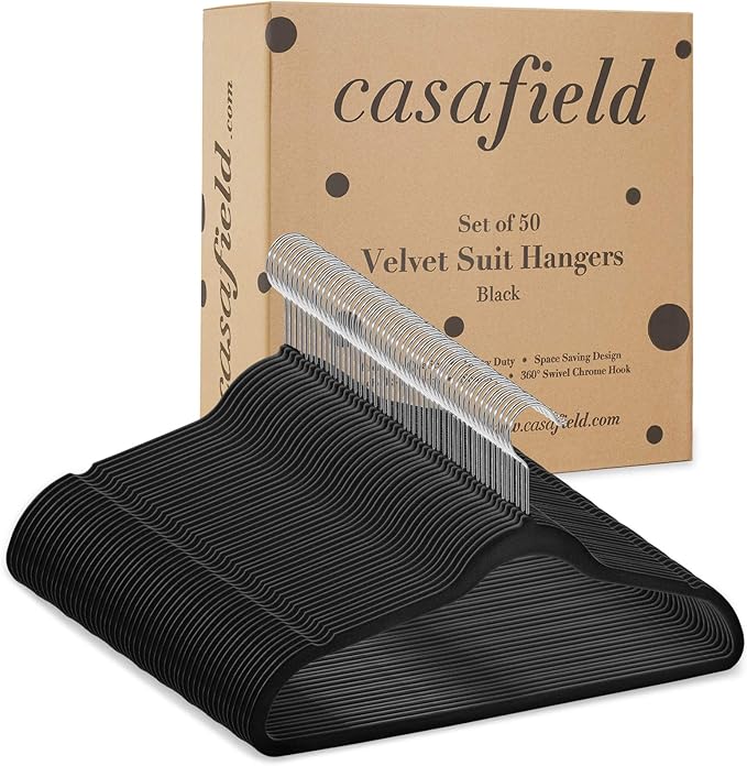 Casafield 50 Black Velvet Suit Hangers - Space-Saving Non-Slip Clothes Hanger