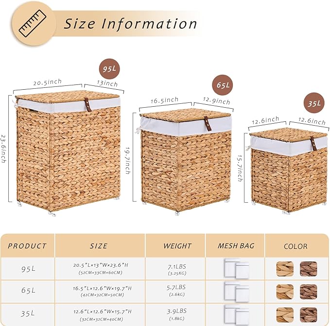 Mini Handwoven Laundry Basket with Lid, Natural Water Hyacinth Storage Basket with Handle, Removable Cotton Liner, Durable and Stylish for Bedroom, Bathroom, Laundry Room