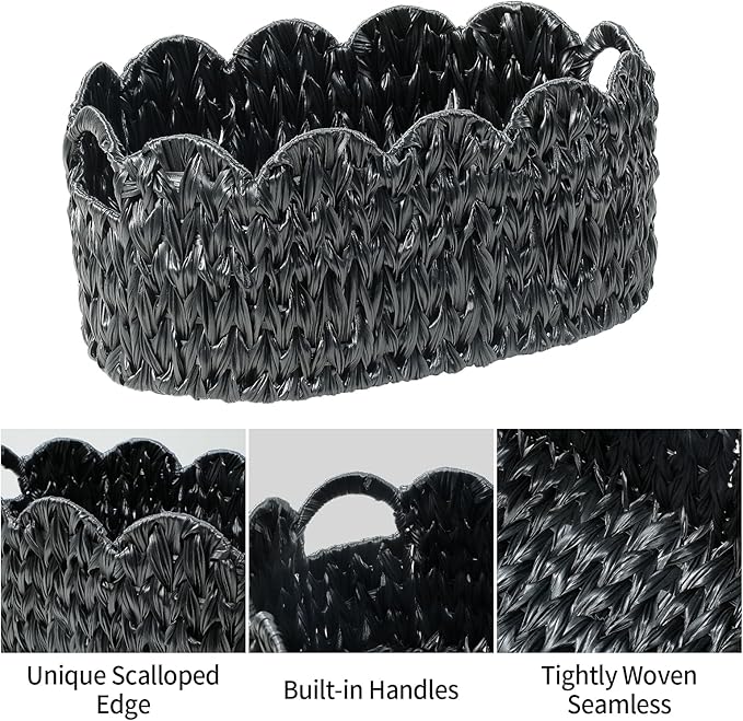 Wicker Scalloped Basket Set of 2,Woven Storage Baskets for Shelves,Closet,Laundry,Gift,Towels,Books,Toys,Waterproof Decor Basket for Organizing,Black Oval