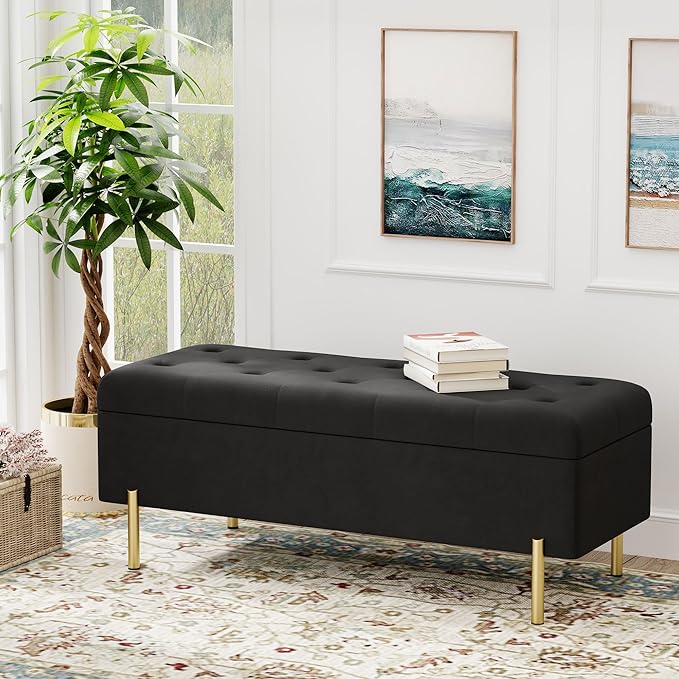 Andeworld Velvet Storage Bench, Modern Bedroom Bench, Upholstered Tufted Large Settee Ottoman with Storage Bench for Bedroom,Living Room,Entryway,Black