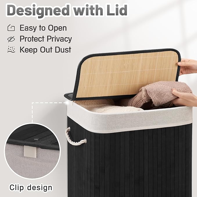 72L Slim Laundry Hamper with Lid, Foldable Bamboo Clothes Laundry Basket with Handles, Removable and Machine Washable Liner, for Bedroom, Bathroom, Dorm, Ink Black