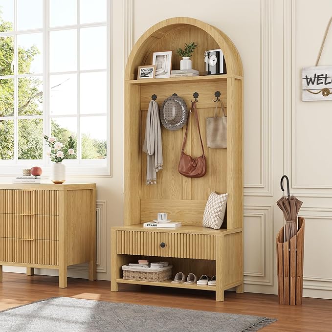 70.86-inch Entryway Hall Tree, Farmhouse-Style Wooden Coat Rack Freestanding, Entryway Organizer with Four Hooks, Standing Shoe Rack with Bench for Hallways, Foyers, and Living Rooms, Natural