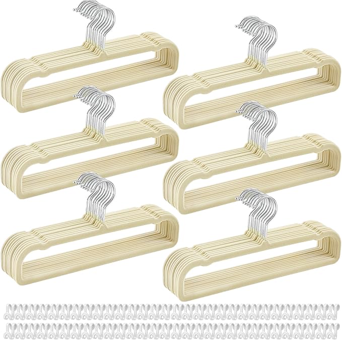 60sets/120pcs Velvet Pants Hangers Non Slip Beige Felt Hangers with 60 Cascading Hooks, Space Saving 360 Degree Swivel Hook Closet Organizer for Jeans, Trousers, Leggings, Tank Top, Shorts and Skirts