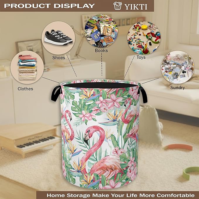Watercolor Flamingo Laundry Hamper,Tropical Flower Leaves Clothes Hamper for Laundry,Waterproof Oxford Toy Storage Collapsible Hampers for Bedroom, Dorm Room,Bathroom,16x20 Inch
