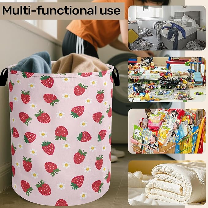 Cute Pink Strawberry Laundry Basket, Extra Large Foldable Hamper for Bathroom/Laundry/Bedroom/Dorm, Washable Fabric Storage Bin with Handle