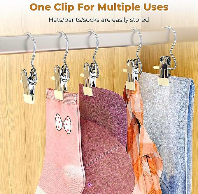 2024 New Space-Saving Clothespin Hat Pants Storage Hanging Travel Hook, 360° Swivel Stainless Steel Hangers with Clips, Laundry Hooks Hanging Clips Clothes Pins Socks Towel Clips (F-Blue 10PCS)