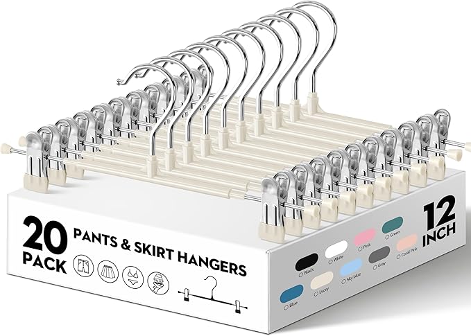Pants Hangers with Clips 20PACK Adjustable Skirt Hangers for Women Metal Non-Slip Trousers Hanger Heavy Duty Space Saving Clothes Hanger for Shorts,Jeans,12Inch Lvory