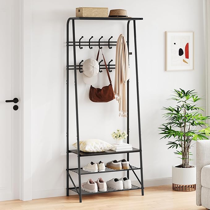 Coat Rack Shoe Bench with Double-Row 10 Hooks 60cm Width, 3-Tier Shelf Entryway Hall Tree with Storage, Metal Frame Multifunctional Organizer, 4-in-1 Coat Rack for Bathroom, Hallway.Black.
