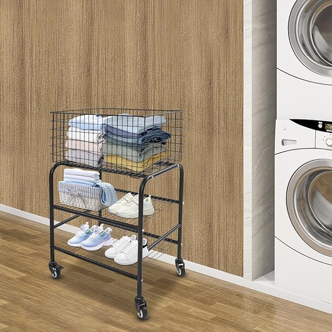 Rolling Laundry Basket on Wheels, 3-Tier Garment Storage Cart, Metal Wire Laundry Hamper Cart for Laundry Room, Bathroom, Bedroom (Black)