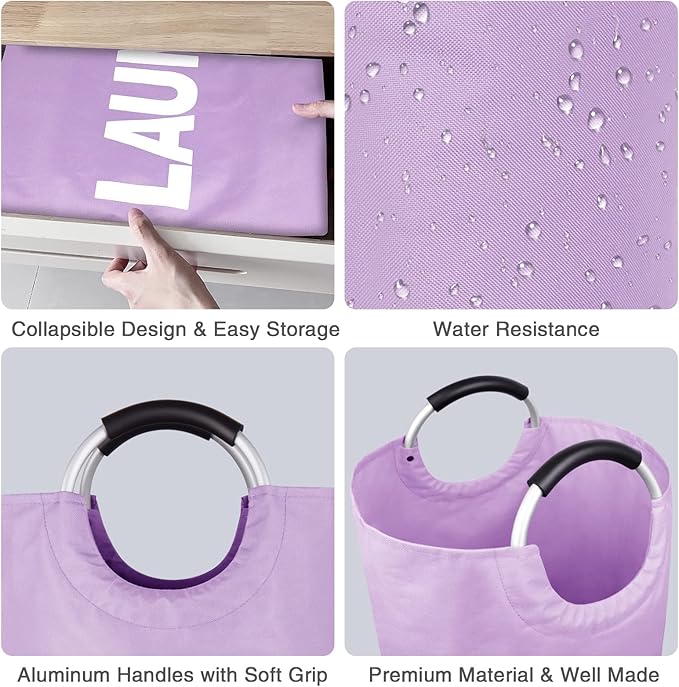Large Laundry Basket Collapsible，Freestanding Clothes Hamper Bag with Handles – Tall Folding Dirty Laundry Bin，Sturdy Laundry Sorter for College Dorm，Laundry Room – 130L (Purple)