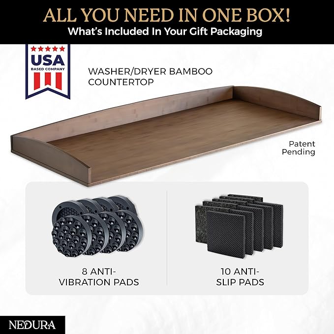 Nedura Washer Dryer Countertop with Anti-Vibration Pads, Curved Edge Rails, Premium Bamboo Laundry Countertop, Washer Dryer Topper, Laundry Room Organization, Laundry Room Accessory – Dark Walnut
