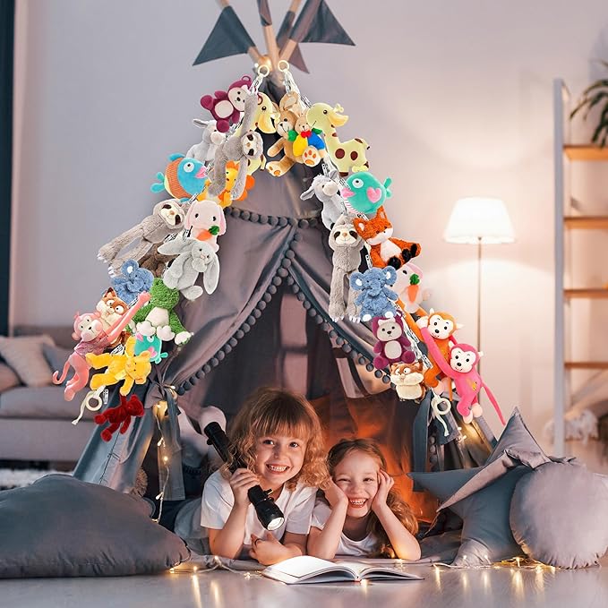 2pcs Stuffed Animal Storage Chain - Boho Stuffed Animal Hammock with 40pcs Metal Clips, Stuff Animal Organizer Hanging Storage for Bedroom Wall Door Display