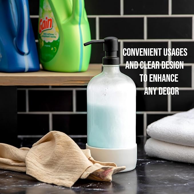 32 oz Glass Pump Bottles - Rustproof Stainless Steel Pump, Silicone Sleeves - Modern Farmhouse Vintage Design for Shampoo, Hand Soap, Lotion - Matte Black Pumps