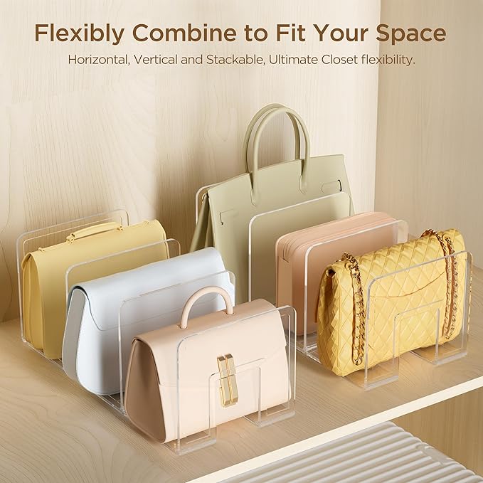 HBlife Purse Organizer for Closet, 3 Sections Widened Clear Handbag Storage Shelf Bag Organizer Acrylic Clutch Dividers for Closet Organizers and Storage, 2 Pack (Fits Up to 4.17 Inch Width Small Bag)