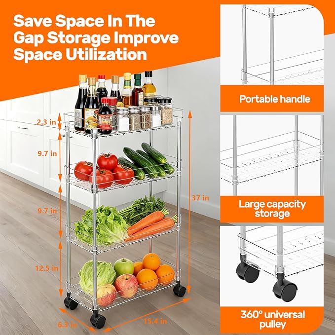 4 Tier Slim Storage Cart with Wheels Slim Rolling Utility Cart Mobile Shelving Units Organizer for Narrow Space in Home Kitchen Bathroom Laundry Room Transparent (Width 6.3 Inches)