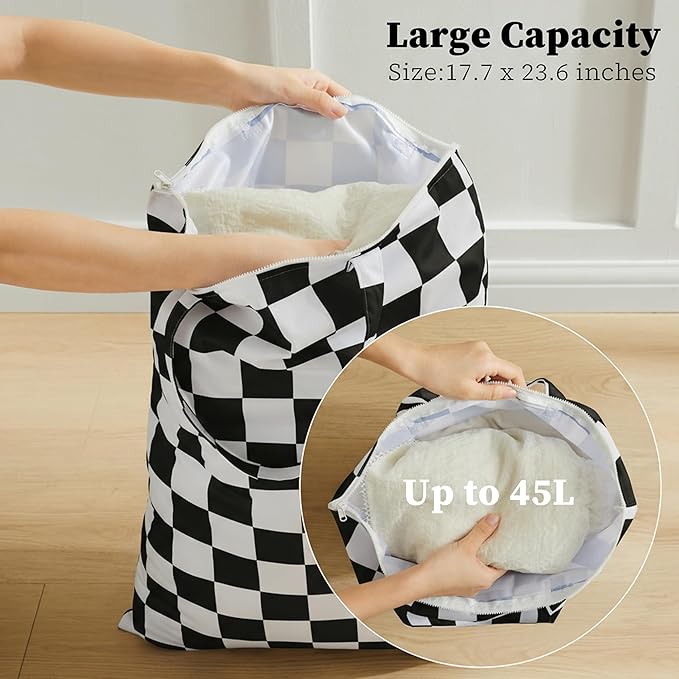 Checkered 2 Pcs Large Travel Laundry Bags for Dirty Clothes, Aesthetic Trendy Waterproof Washable Laundry Bag with Handle for Travel, Gym, Swimming Pool Black and White