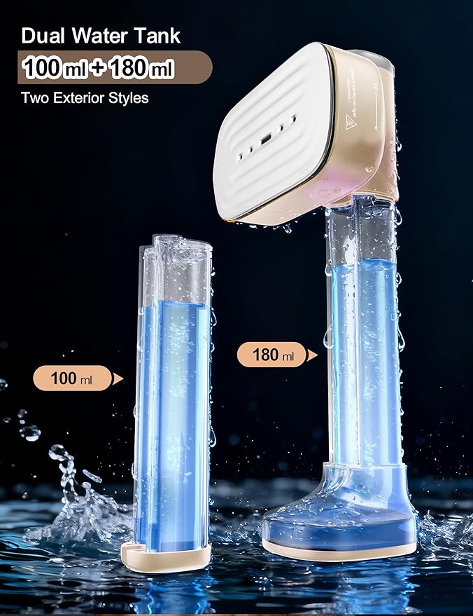 Steamer for Clothes Portable Handheld Garment Steamer,15s Fast Heat-up,100ml,180ml Tank,Steamer Ironing Gloves,35 Minutes of Continuous Ironing for Travel and Home (Pale Gold)