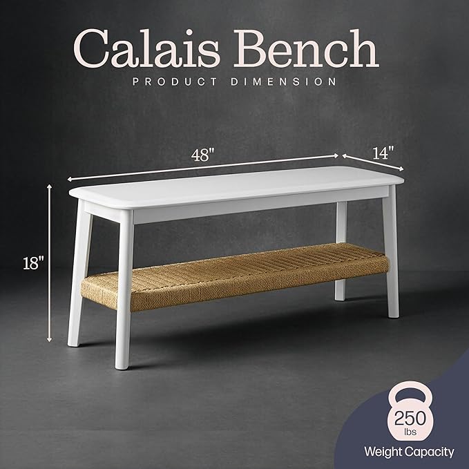 Alaterre Furniture Calais Entryway Bench with Storage Shelf - 48 Inch 2-Tier Storage Bench for Bedroom, Dining Room, Living Room, or Entryway - Wooden Entryway Furniture (White)