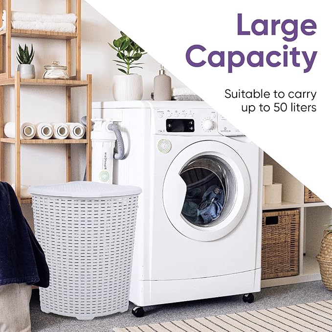 Plastic Corner Laundry Hamper with Lid, Curved Designed Laundry Basket, Triangle White Smoke Cloths Hamper Organizer with Cut-out Handles for Laundry Room Bedroom Bathroom, Wicker Design, 50 Liter