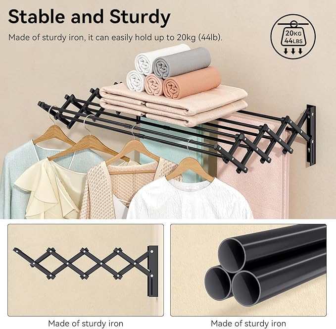 APEXCHASER Laundry Drying Rack Wall Mount - Towel Rack Collapsible, Accordion Clothes Drying Rack, Clothes Airer for Bathroom Balcony Laundry Room Wall Mounted, Drying Rack for Clothing, Black