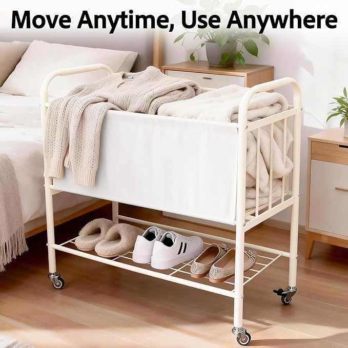 laundry basket with wheels, rolling laundry basket dirty clothes hamper storage cart, double laundry hamper for Bedroom, Laundry Room, Closet, Bathroom, College, 85L Large capacity (White)