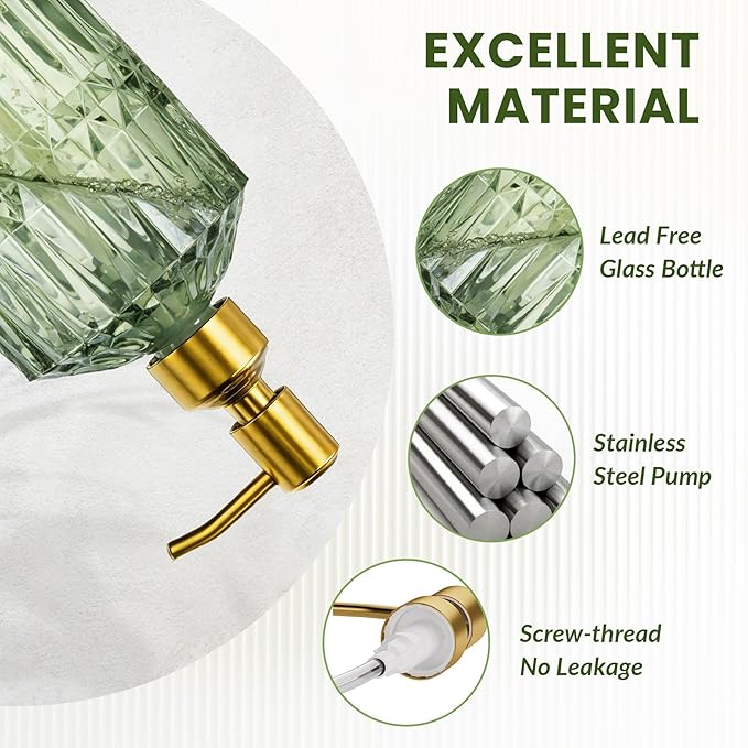 AmazerBath Soap Dispenser Green Glass Soap Dispenser with Pump Stainless Steel, 14.2OZ Luxury Gold Hand Soap Dispensers Bottles Bathroom, Refillable Kitchen Soap Dispenser for Dish Soap, 1 Pack