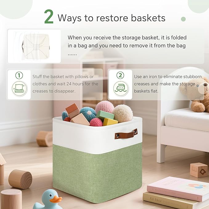 Cube Storage Baskets 6 Pack, 11x11 inch Cube Storage Bins with Leather Handles for Shelf Closet (White/ Green)