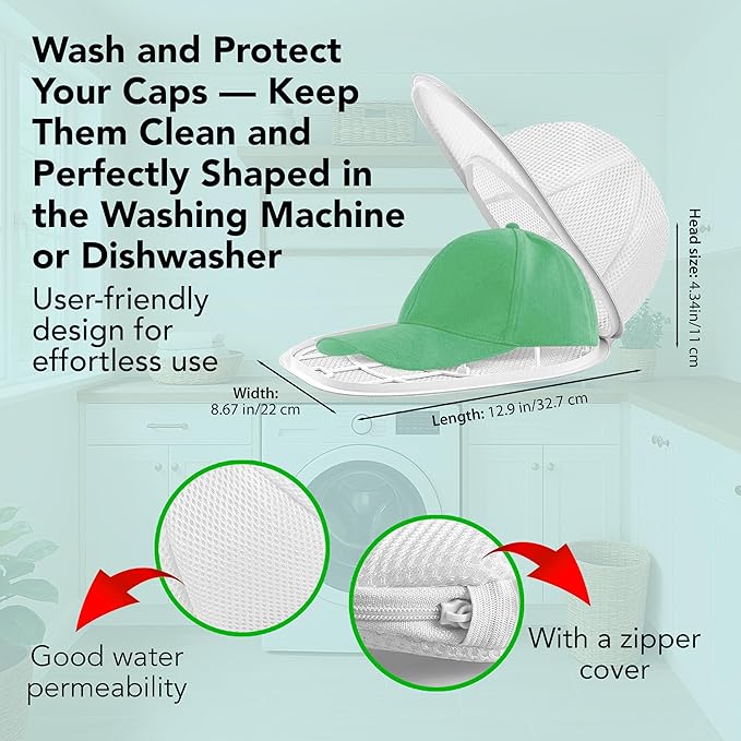 Hat Washer Cage Set – Baseball Cap Washer for Washing Machine or Dishwasher, Protects Flat & Curved Hats, 1 Pack White + Shoe Washing Machine Bag (Grey) & Mesh Laundry Bag