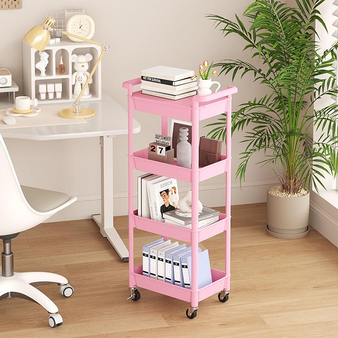 MIOCASA Utility Rolling Cart with Detachable Tray Top, 4-Tier Kitchen Storage Organization, Art Cart with Wheels for Office, Classroom, Livingroom, Kitchen, Bathroom (Pink, 4-Tier-Plastic)