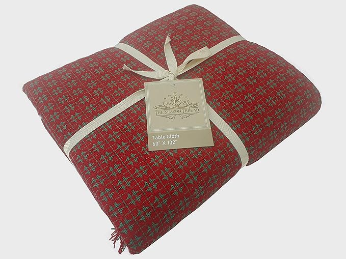 Table Cloth, Christmas Red & Green Woven Fringed, 100% Cotton Table Cover, Size 60x102 Inch, Suitable for Formal Dining, and Casual Occasions.