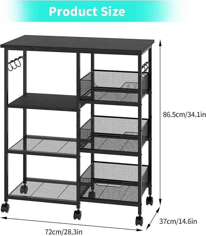 HapiRm Rolling Kitchen Carts with Storage - Microwave Table Stand with 6 Hooks & 3 Baskets, kitchen Island Cart on Lockable Wheels, 28.3" L × 14.6" W Bakers Rack Cart for Dining Room Coffee Bar Office