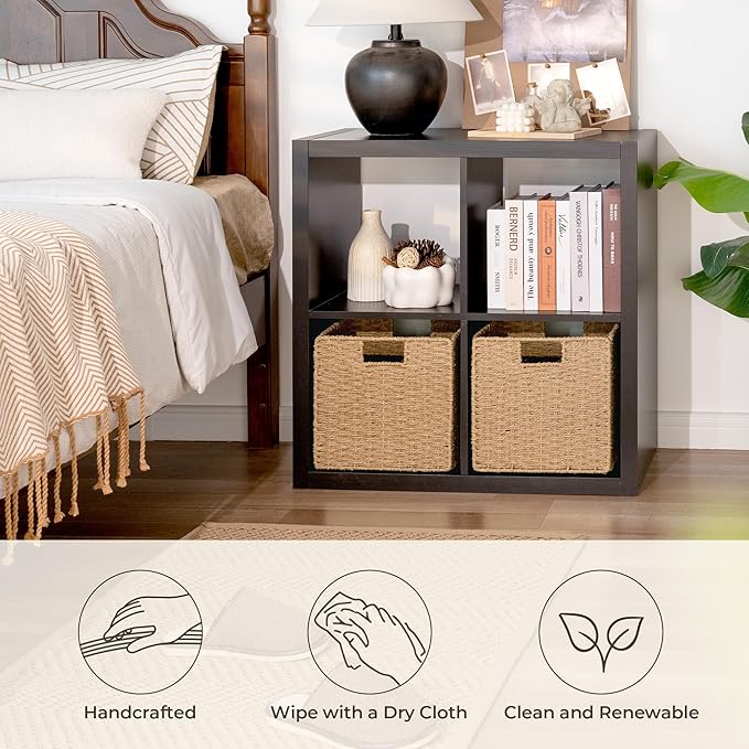 StorageWorks 11 inch Wicker Baskets, Handwoven Storage Cubes with Handles, Foldable Paper Rope Basket for Organizing, Natural, 2 Pack