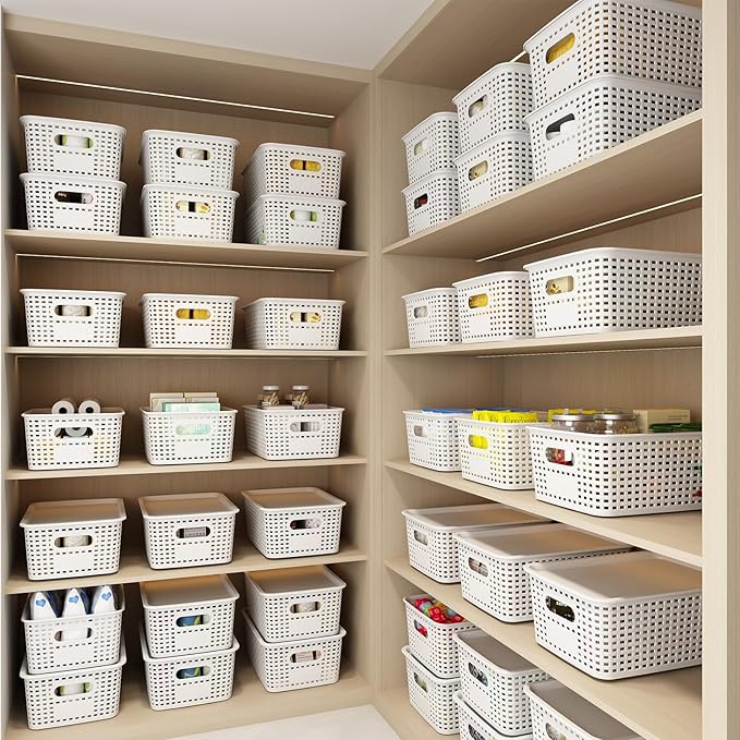 Plastic Storage Basket with Lids 12 Pack Stackable Storage Bins Containers with Lid, Decorative Storage Boxes for Organizing Shelves, Drawers, Playroom, Classroom, Office, Closet, White