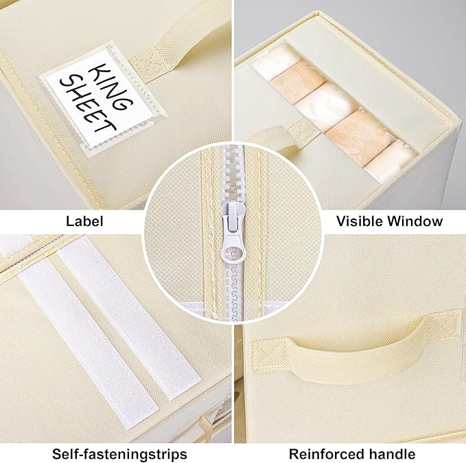 4 Pack Large Bed Sheet Organizers and Storage, (King & Queen Size) Sheet Organizer for Linen Closet, Foldable Bedding Storage Box with Window for Bedsheets, Blanket, Duvet Cover and Pillowcase