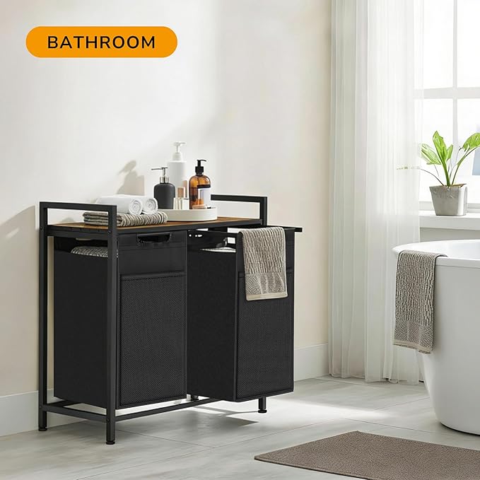 Laundry Hamper, Laundry Basket with 2 Pull-Out Removable Oxford Fabric Bags, 2 x 13.1 Gallons, Total 99L, Cloth Laundry Sorter with a Top Shelf 28.8"x13" (Black and Rust)
