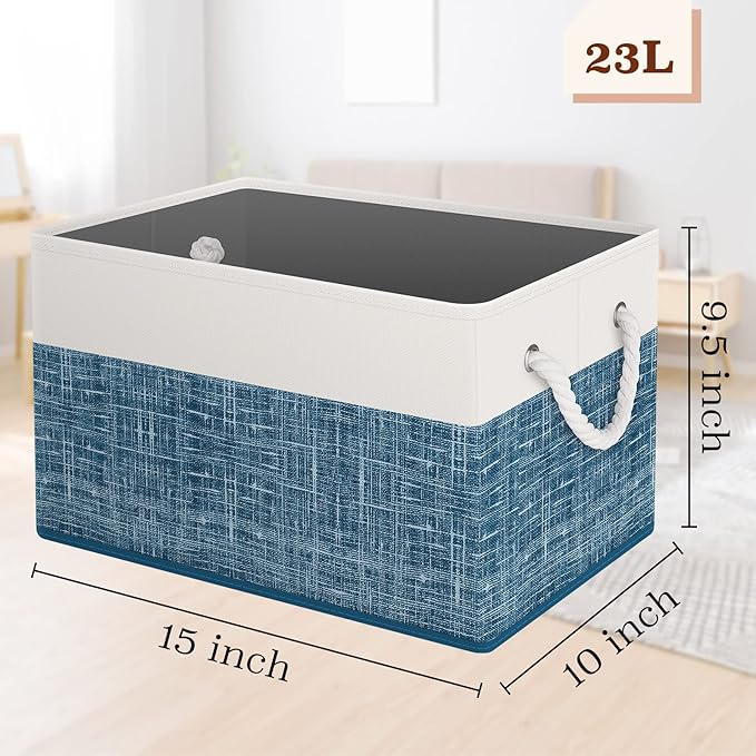 Storage Bin,Collapsible Storage Basket For Organizing,Large Storage Boxes With Rope Handles,Storage Containers,White & Blue,8 Pack