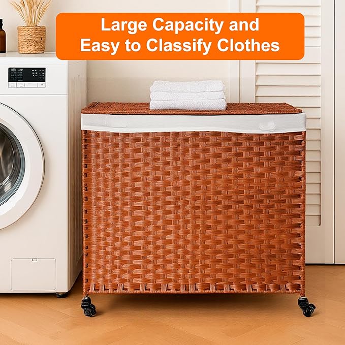 HYCHIKA Laundry Hamper with Lid and Wheels, 42.26 Gallon (160 L) Wicker Laundry Basket with Removable Bags and Handles, 2 Sections Woven Clothes Basket for Bedroom, Bathroom (27.6" * 13.4" * 26.4")