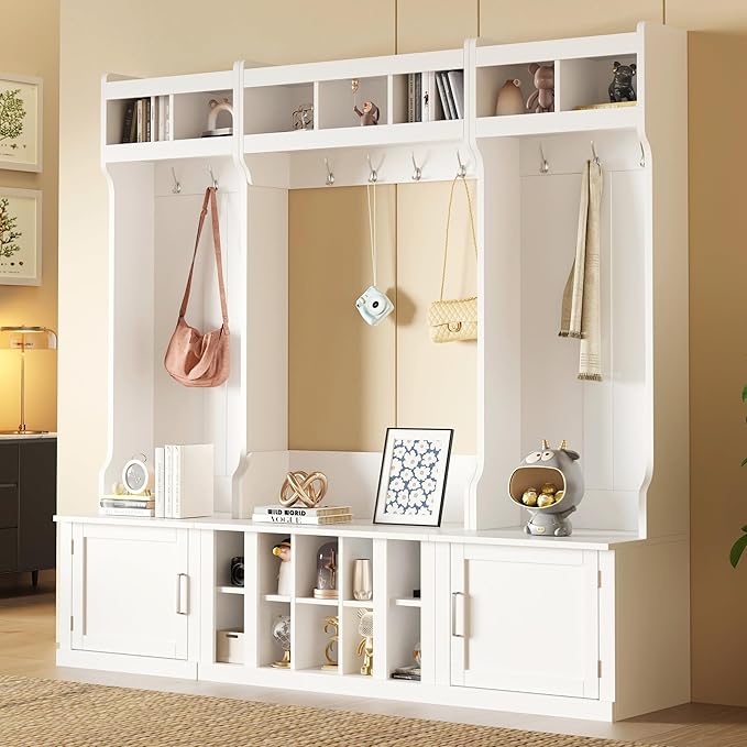 Modern Hall Tree with Storage and Bench, 4-IN-1 Multi-Functional Entryway Bench with Coat Rack and Shoe Cubbies, Practical Furniture for Mudrooms Organization Entryway Living Room (White-65f)
