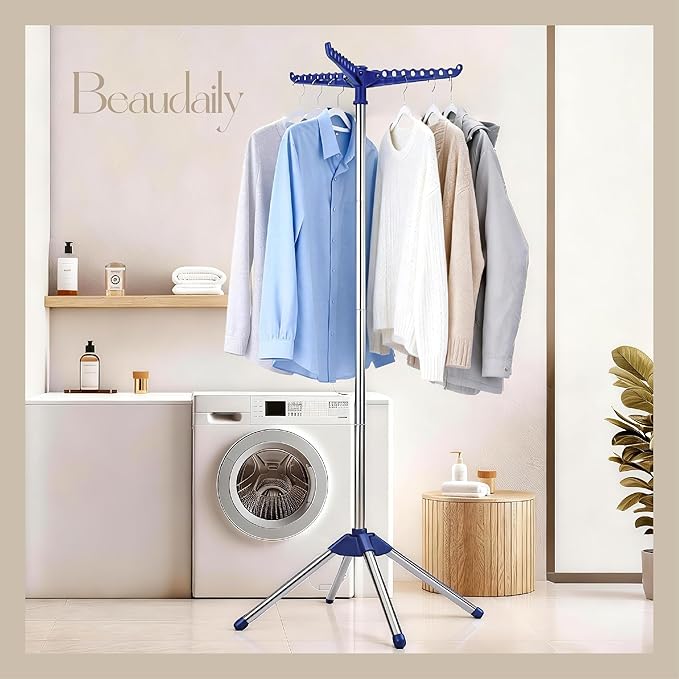 Beaudaily Clothes Drying Rack, Foldable Laundry Drying Rack, Indoor 59-Inch Drying Rack Clothing with 3 Rotatable Arms, Stainless Steel, Holds 27 Pieces, Space Saving, Portable, Blue and Silver