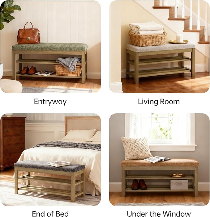 VKNOW Entryway Bench, 44.3” Upholstered Shoe Bench for Bedroom, 2-Tier Storage End of Bed Bench with Rubberwood Legs for Living Room, Hallway, Beige