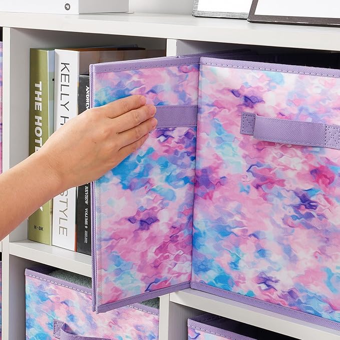 Stero Fabric Storage Cubes, 6 Pack Foldable Storage Bins Baskets with Handle, 11 Inch Box for Shelves, Closet, Organizer, Tie-dye Purple