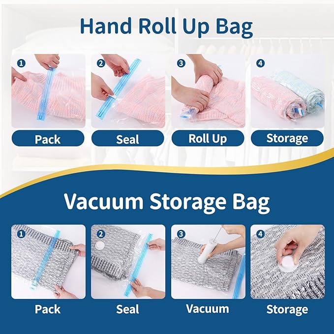 7 Pack Vacuum Storage Bags with Pump, 2 Roll-Up 1 Small 1 Medium 1 Large 1 Jumbo 1 Super Jumbo, Heavy Duty PA+PE, Reusable Vacuum Seal Bags for Clothing, Travel & Home Storage