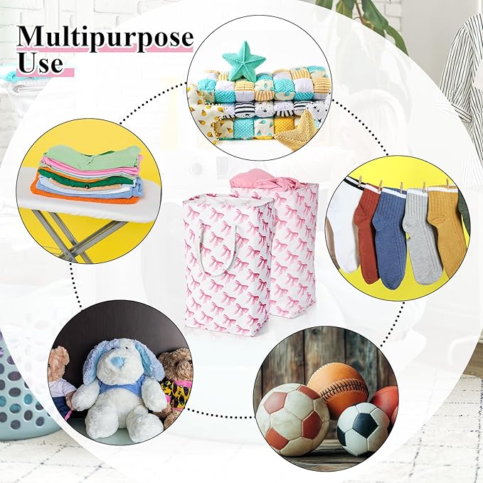 Leinuosen 2 Pcs Bow Pink Laundry Basket Pink Laundry Hamper Large Collapsible Bow Storage Baskets Cute Nursery Clothes Waterproof Hamper Room Organization for Bedroom Decor(Pastel)