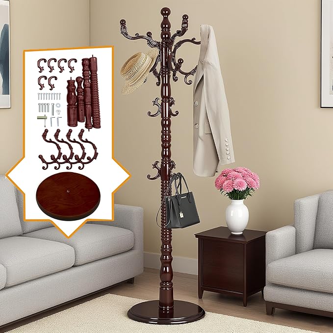 73”Vintage Wooden Coat Rack Freestanding,With 14 Hooks and Sturdy Round Base.Sturdy and Durable Standing Coat Racks，Adjustable Wooden Freestanding Coat Rack for Offices, Bedrooms (Mahogany)