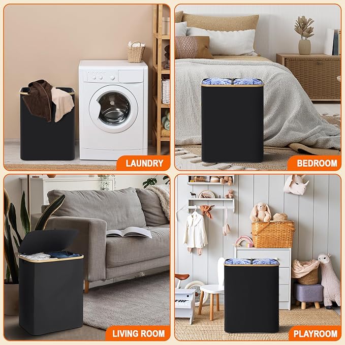 GARPROVM Double Laundry Hamper with Lid 150L Large Laundry Basket with Bamboo Handles Foldable Clothes Hampers with 2 Removable Liner Bags for Laundry for Bedroom Bathroom Dorm Laundry Room, Black