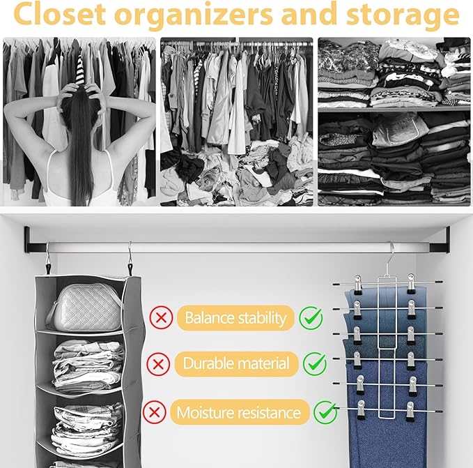 Pants Hangers-Closet Organizers and Storage-Hanging Closet Organizer-6 Tier-Skirt & Pants Hanger Space Saving-Durable Closets Organization Hanger-Skirt Hangers with Clips-4 Pack -Apartment Essentials