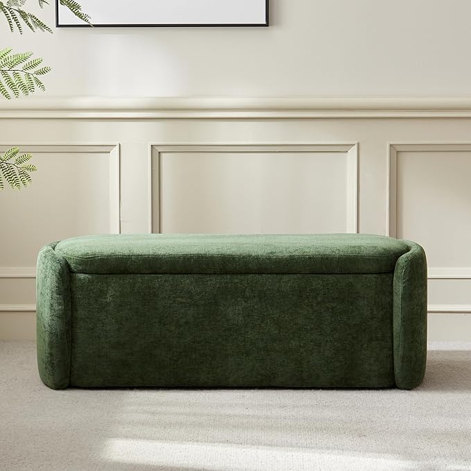 VKNOW Oval Storage Ottoman Bench, 46" Upholstered End of Bed Bench Ottomans Bench Foot Rest, Sherpa Storage Bench for Bedroom, Living Room and Hallway, Green