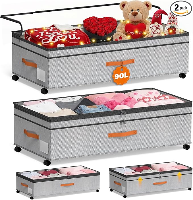 Under Bed Storage with Wheels, 35.5 inches Underbed Storage Large Capacity Under Bed Rolling Containers, 2 Pack Under the Bed Storage for Clothes, Shoes, Blankets (Deep Gray)