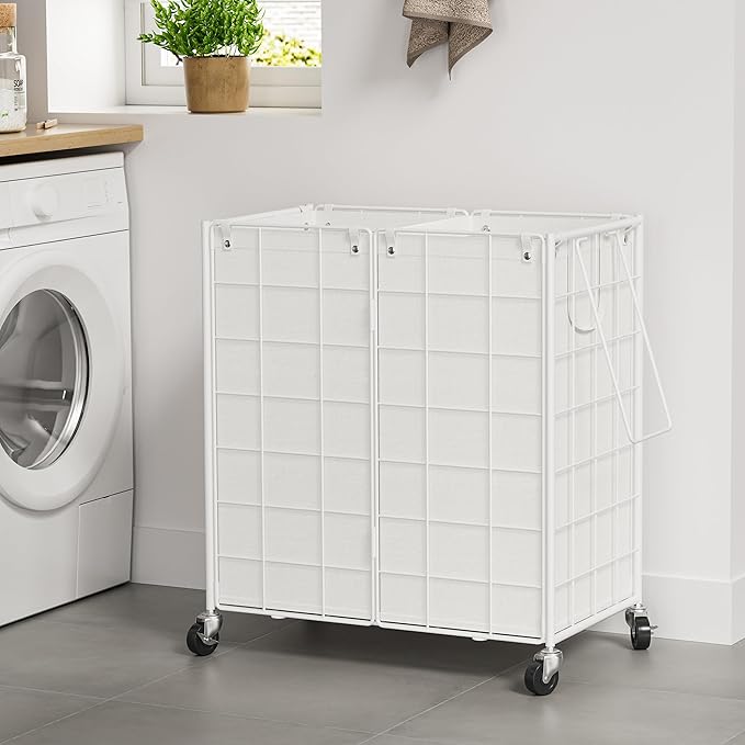 WOWLIVE Double Laundry Hamper with Wheels,Metal Wire Frame Rolling Laundry Basket with 2 Removable bags,120L Dirty Clothes Hamper Organizer Dorm Room Storage for Bedroom,Bathroom,White