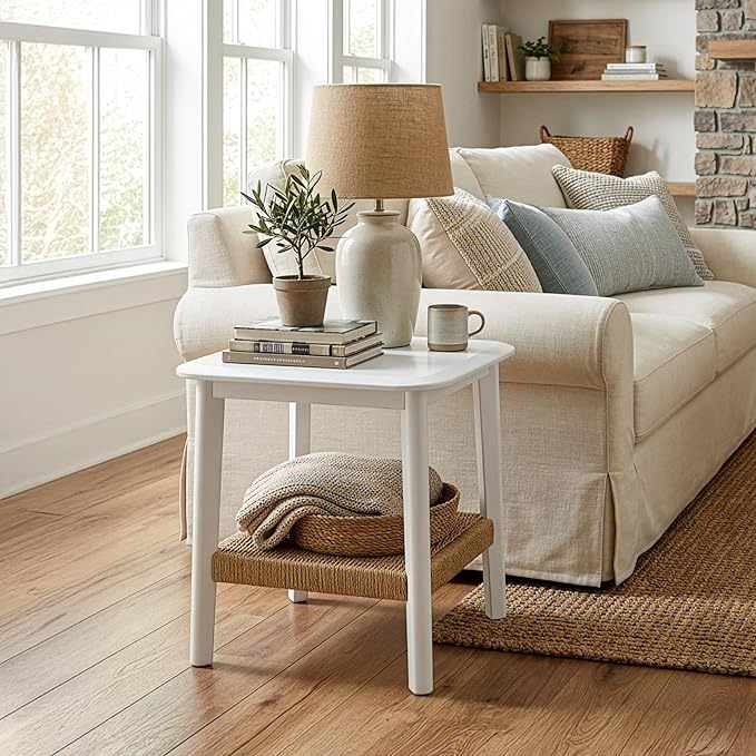 Alaterre Furniture Calais Side Table - 2-Tier Small End Table with Woven Storage Shelf - Wooden Nightstand for Small Spaces, Living Room, or Bedroom - Mid Century Modern Furniture (White)